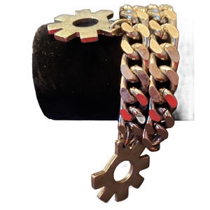 Gearhead Chic: Heavy Double Steel Chain Bracelet with Gear Charms